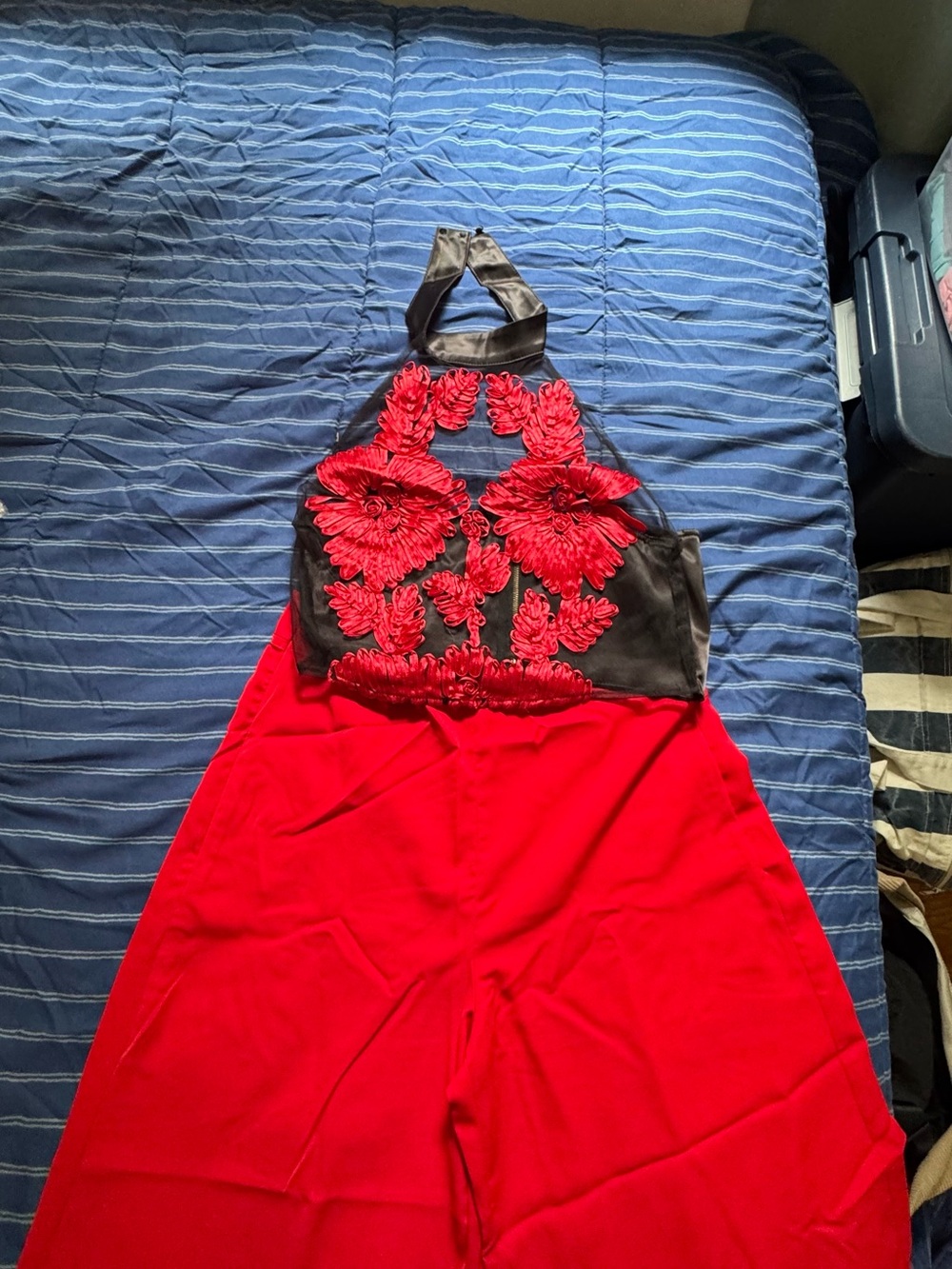 Red Halter Jumpsuit with Black Floral Appliqué